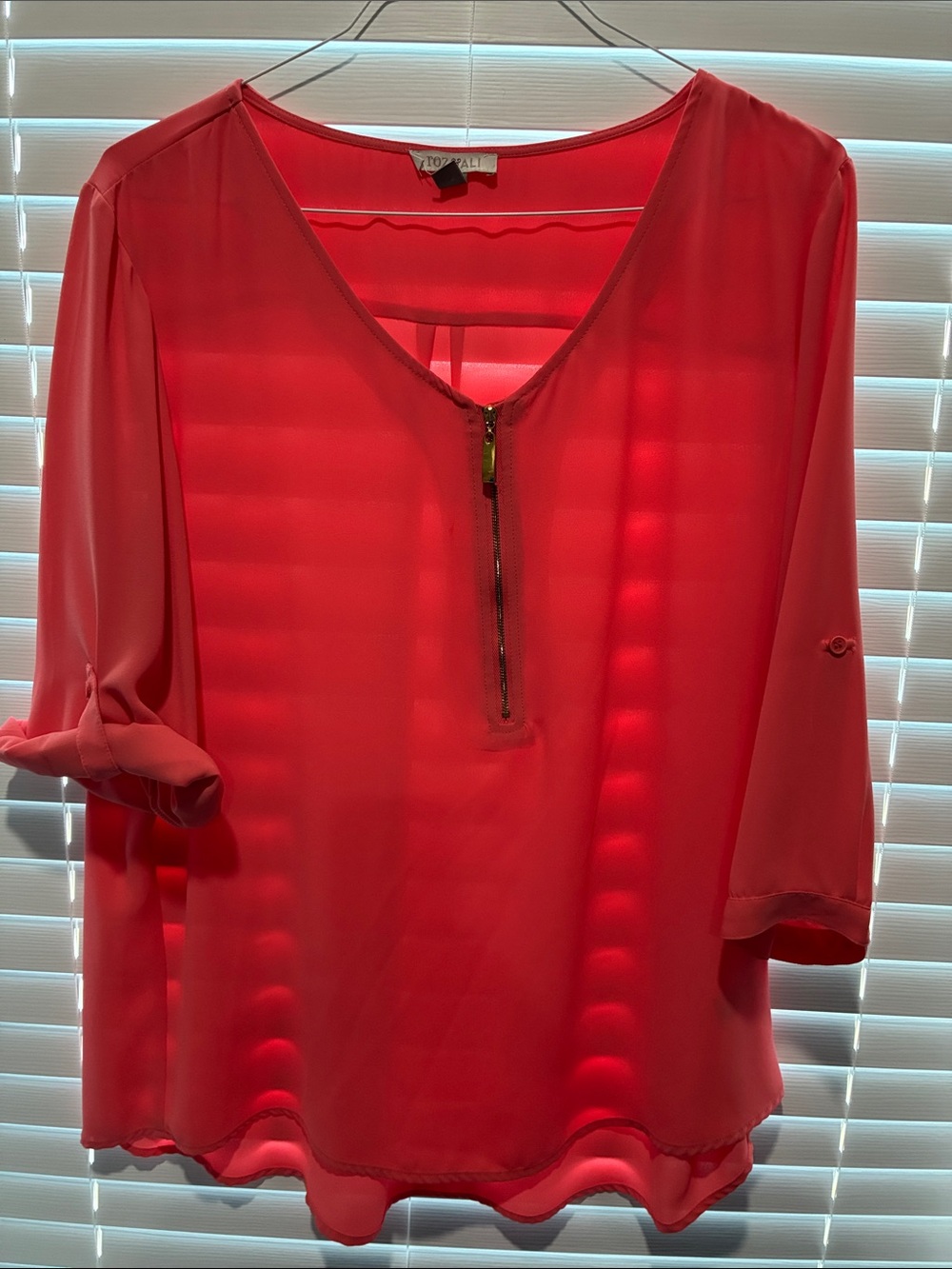 Roz & Ali Coral Sheer Zip-Front V-Neck Blouse